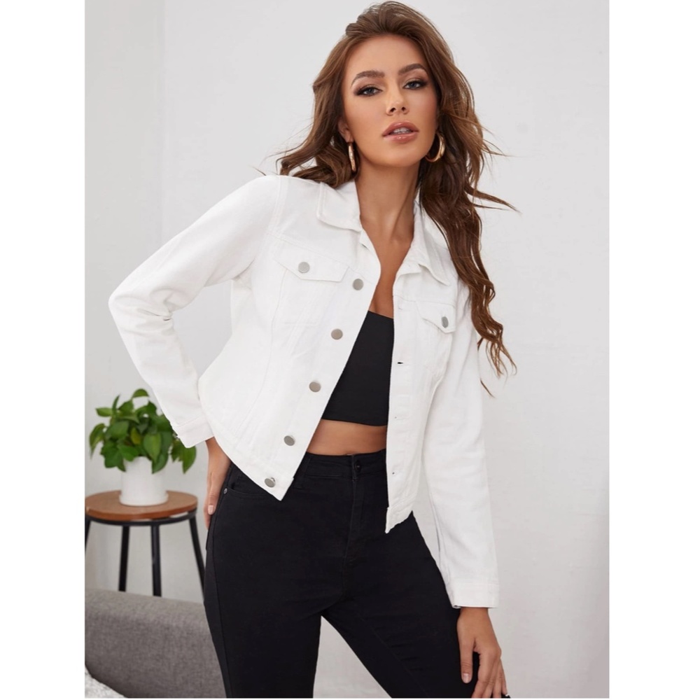 White Denim Jean Jacket Classic Button Up / Down Front Pockets - Picture 7 of 11